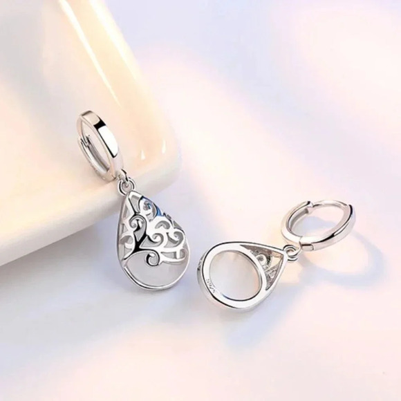 925 Sterling Silver Moonlight Opal Hoop Earrings - Picture 3 of 6